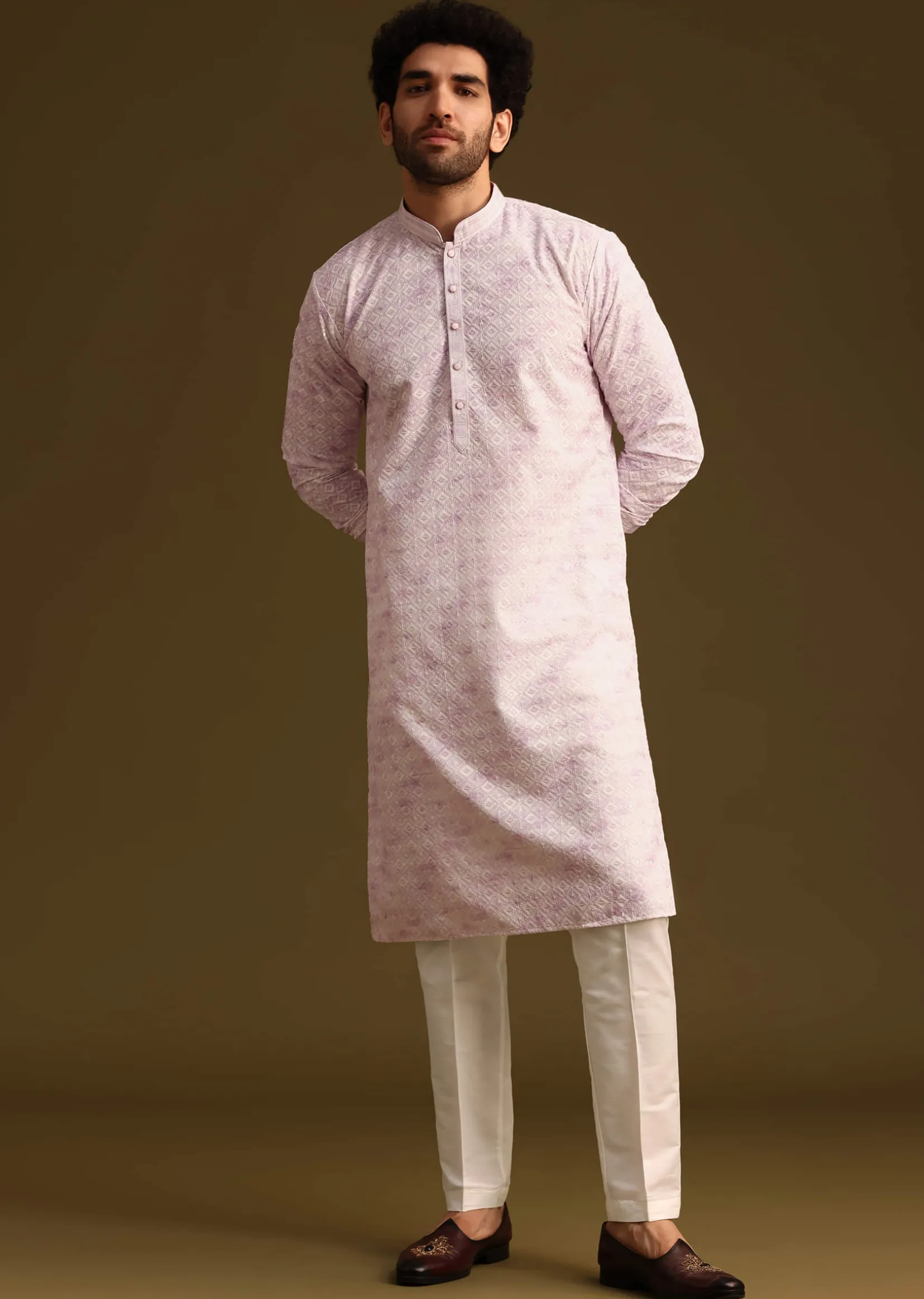 Lilac Silk Schiffli Work Kurta And Pant