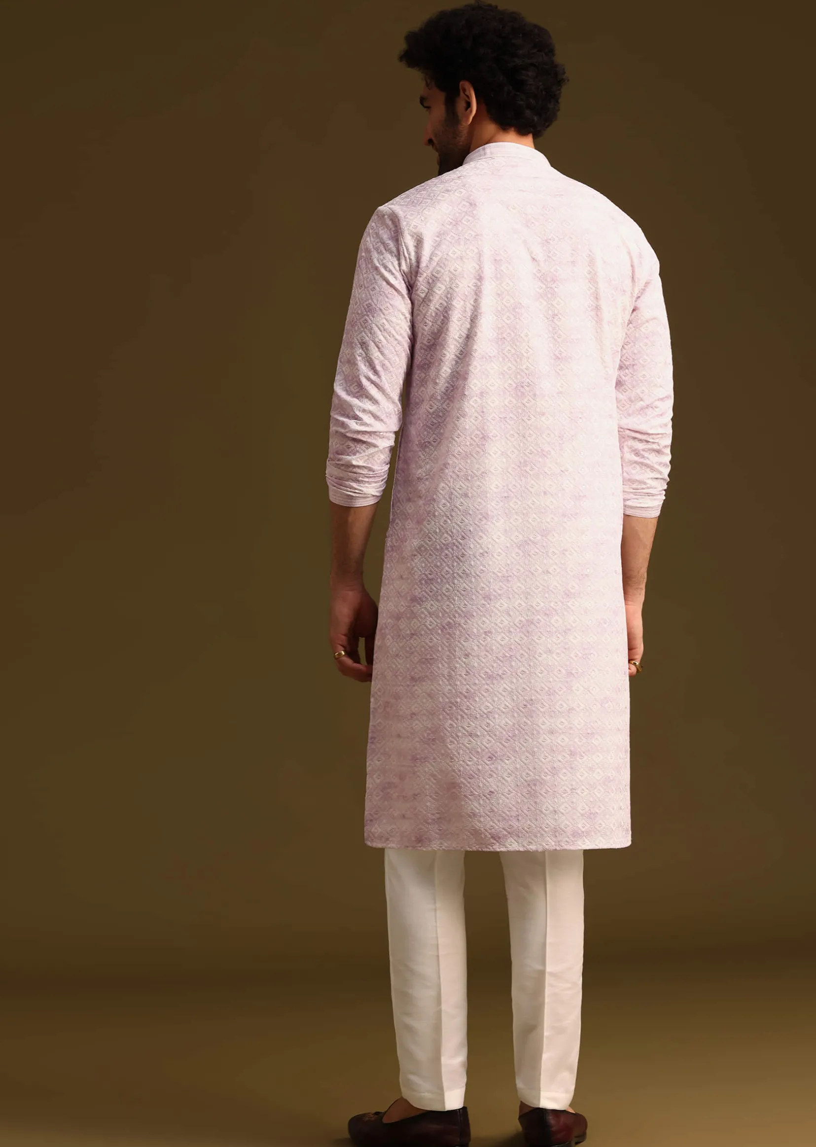 Lilac Silk Schiffli Work Kurta And Pant