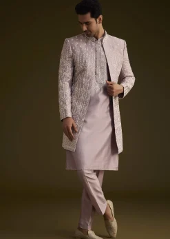 Lilac Silk Sherwani Set With Thread And Stone Work