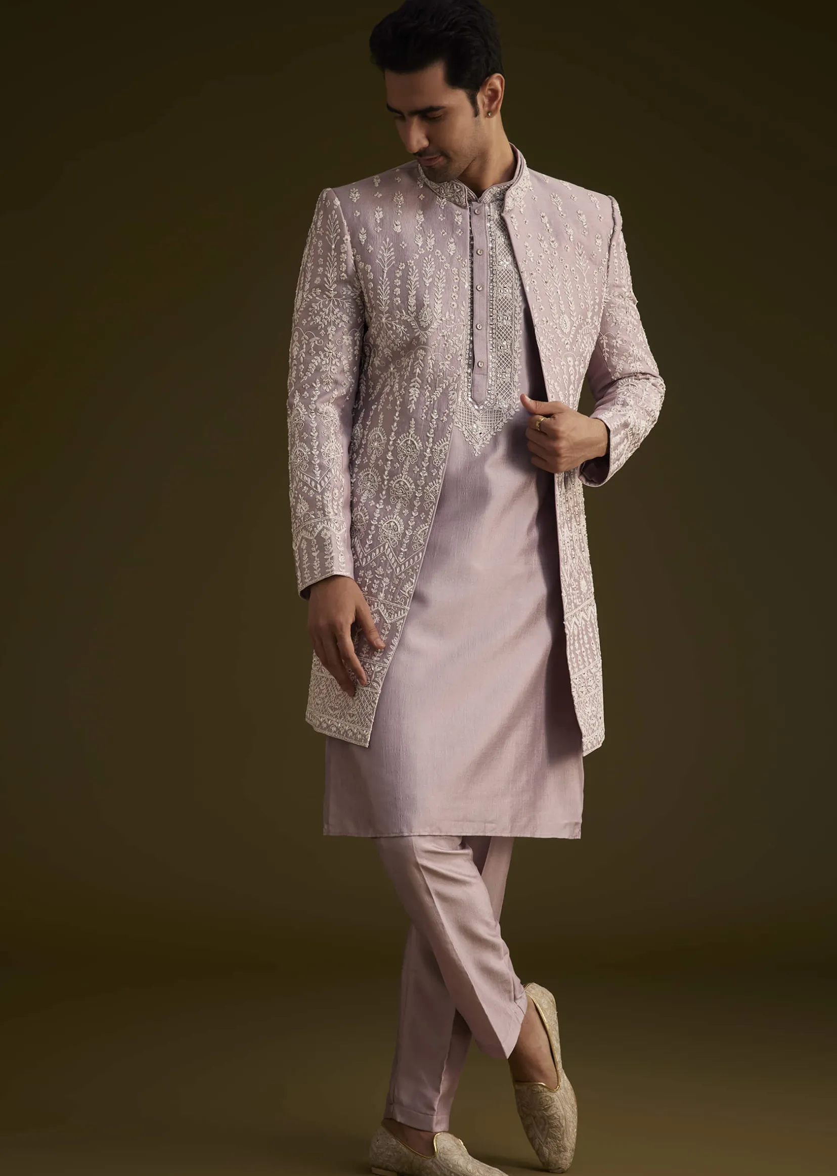 Lilac Silk Sherwani Set With Thread And Stone Work