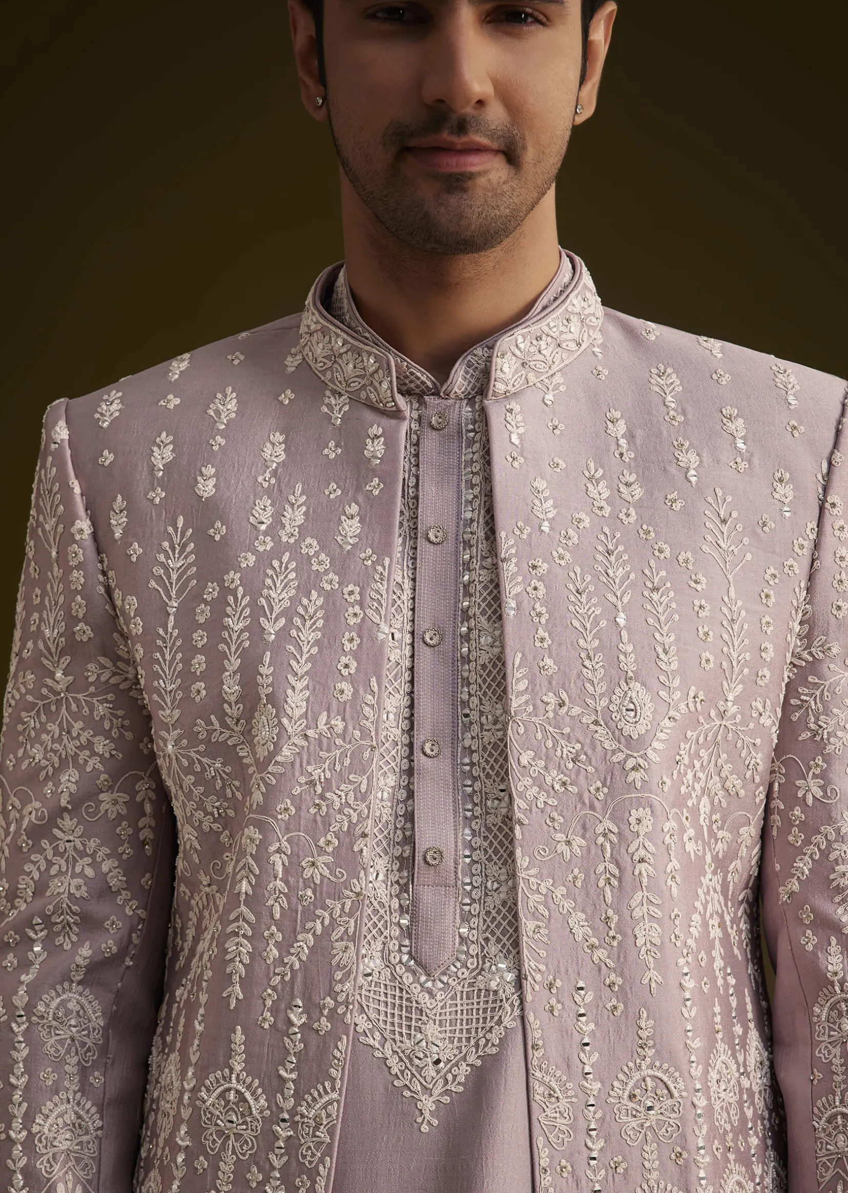 Lilac Silk Sherwani Set With Thread And Stone Work