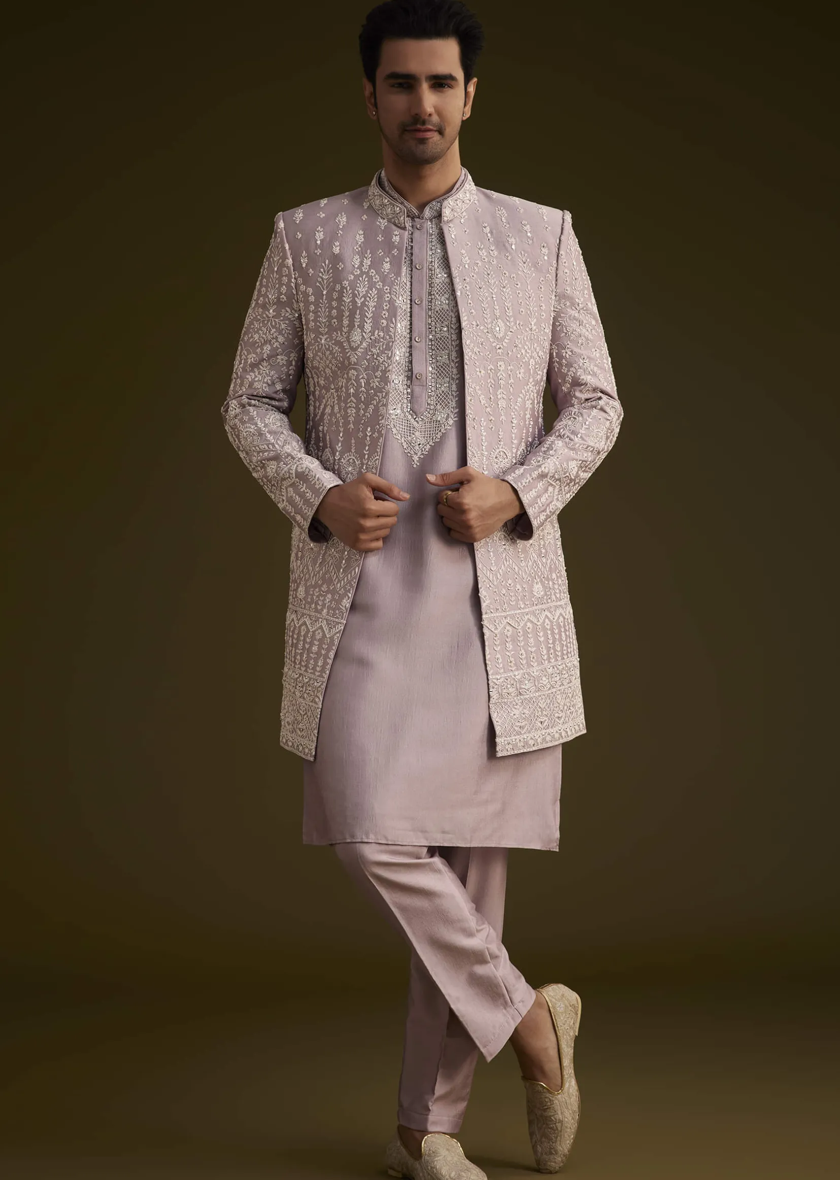 Lilac Silk Sherwani Set With Thread And Stone Work