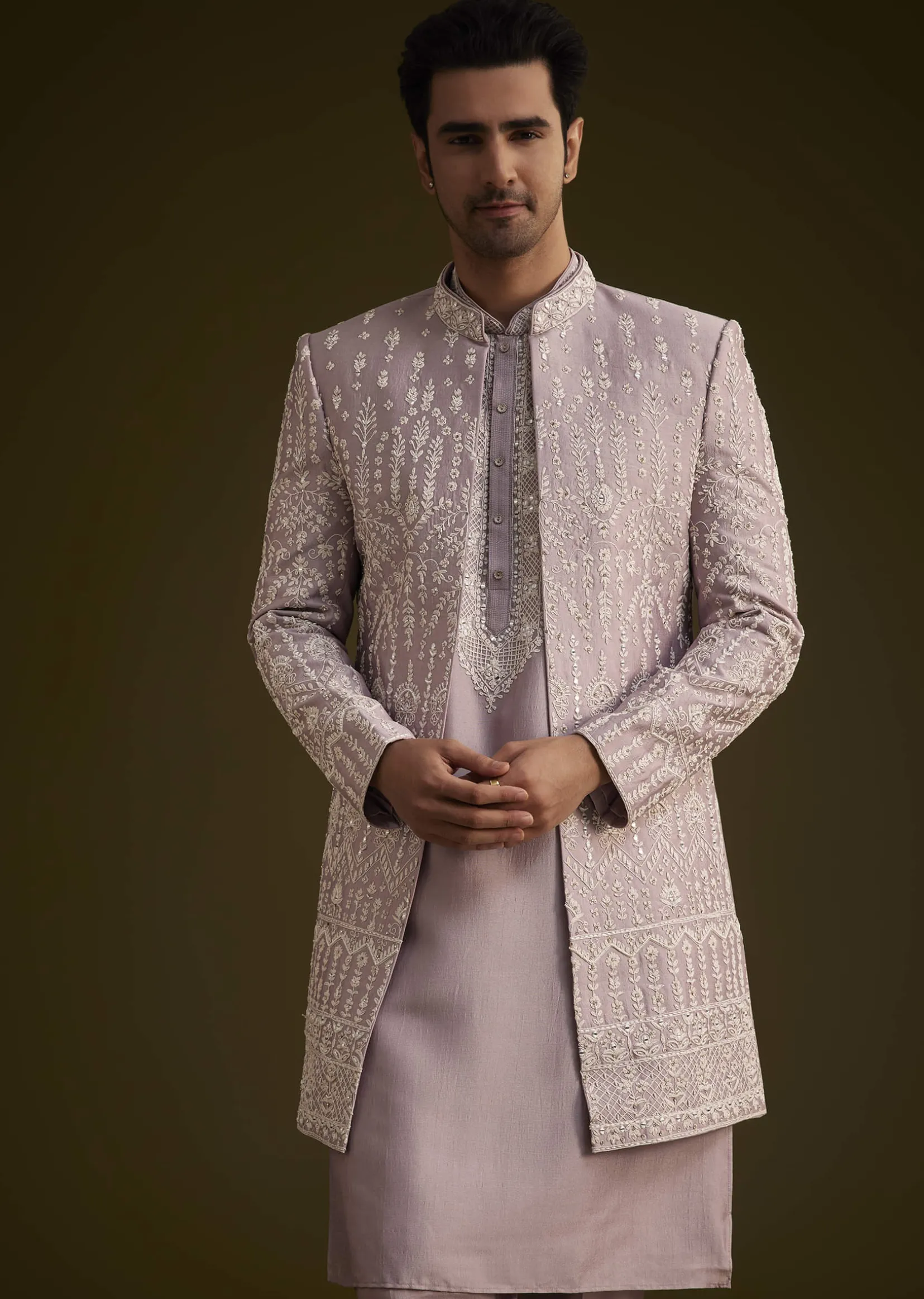 Lilac Silk Sherwani Set With Thread And Stone Work