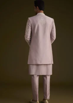 Lilac Silk Sherwani Set With Thread And Stone Work