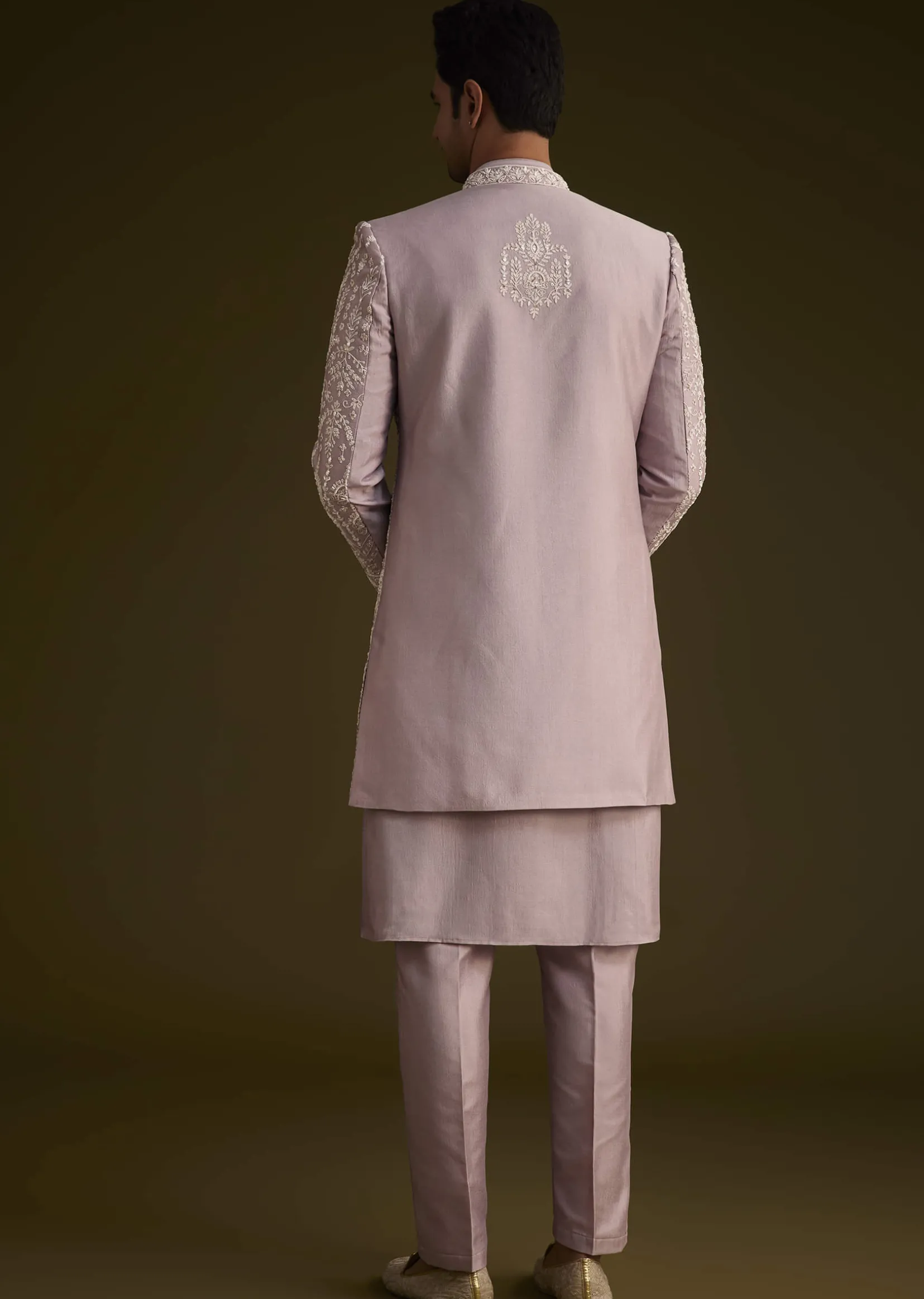 Lilac Silk Sherwani Set With Thread And Stone Work