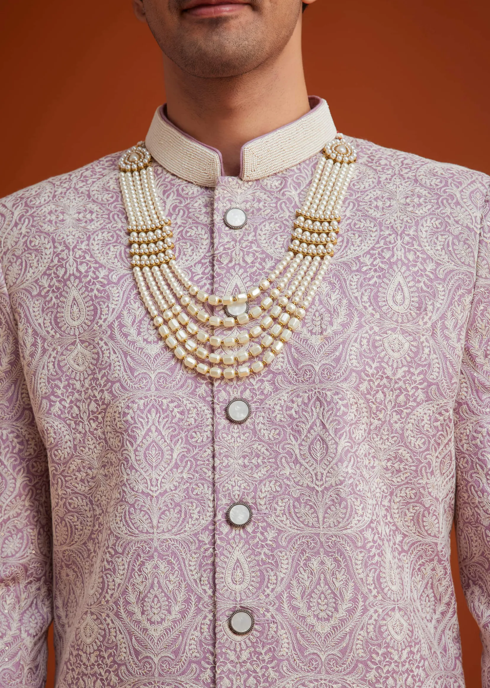 Lilac Silk Sherwani Set With Embroidery And Bead Work