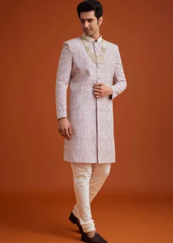 Lilac Silk Sherwani Set With Embroidery And Bead Work
