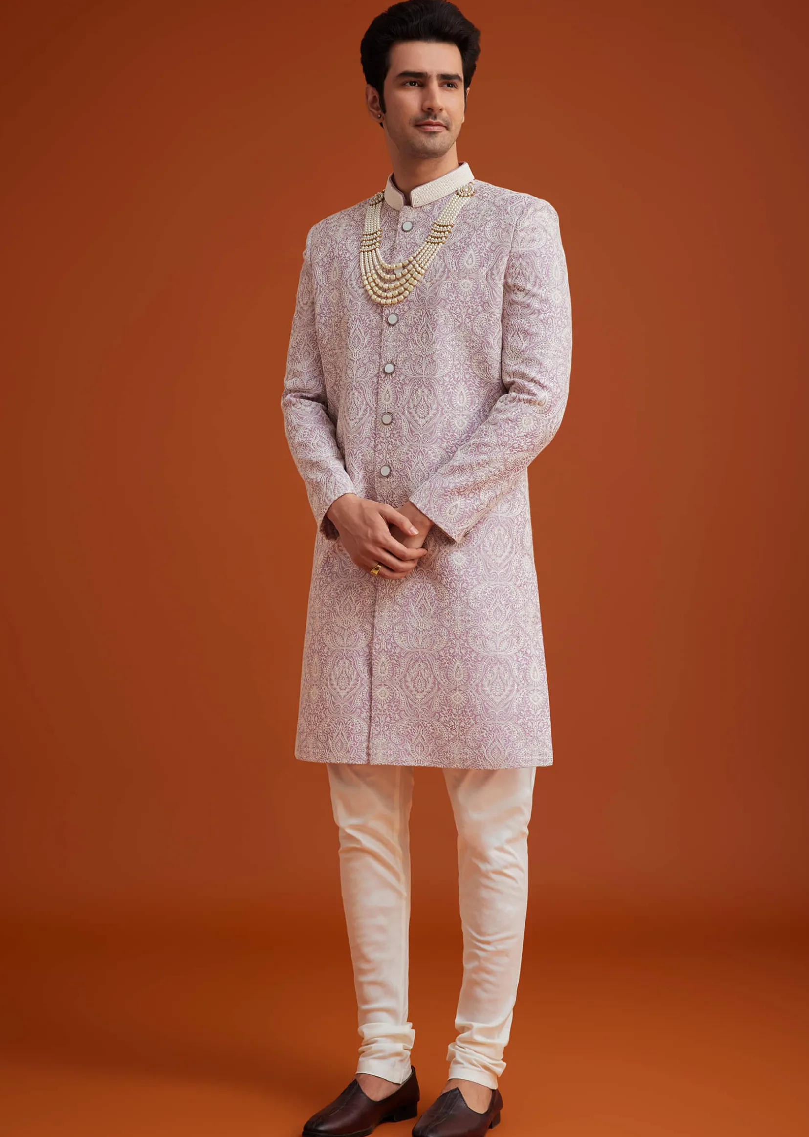 Lilac Silk Sherwani Set With Embroidery And Bead Work