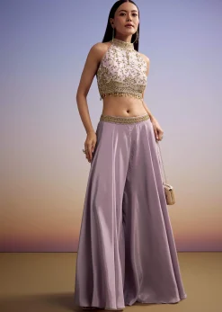 Lilac Tissue Crop Top Set With Orange Pastel Embroidery