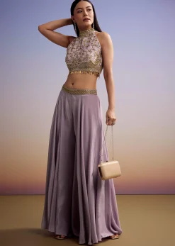 Lilac Tissue Crop Top Set With Orange Pastel Embroidery