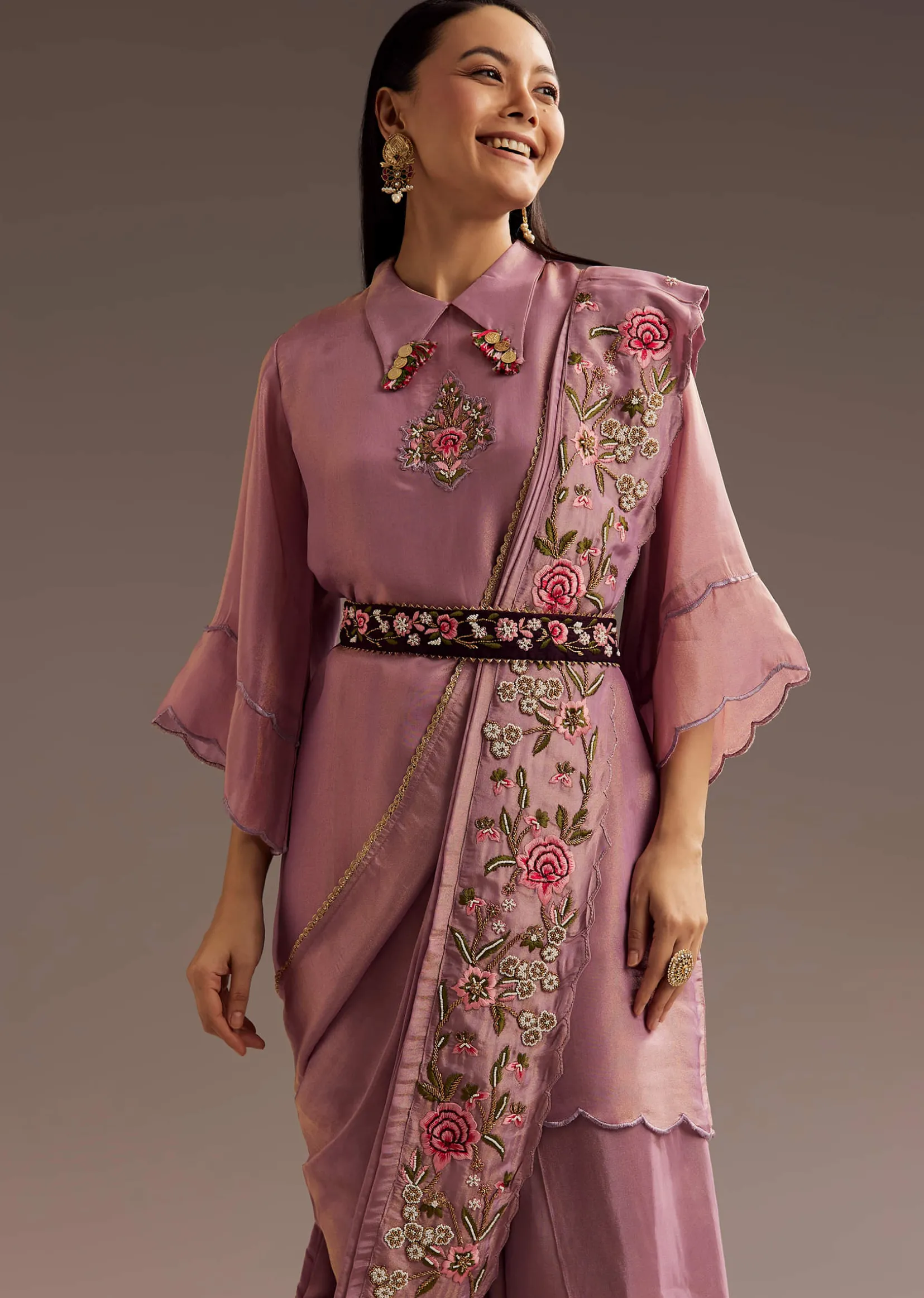 Lilac Zardosi Motif Kurta Dupatta Belt Set