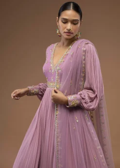 Lilas Pink Floor-Length Suit In Balloon Sleeves, Crafted In Georgette With A Scalloped Neckline And Moti, Cut Dana Embroidery On The Yoke