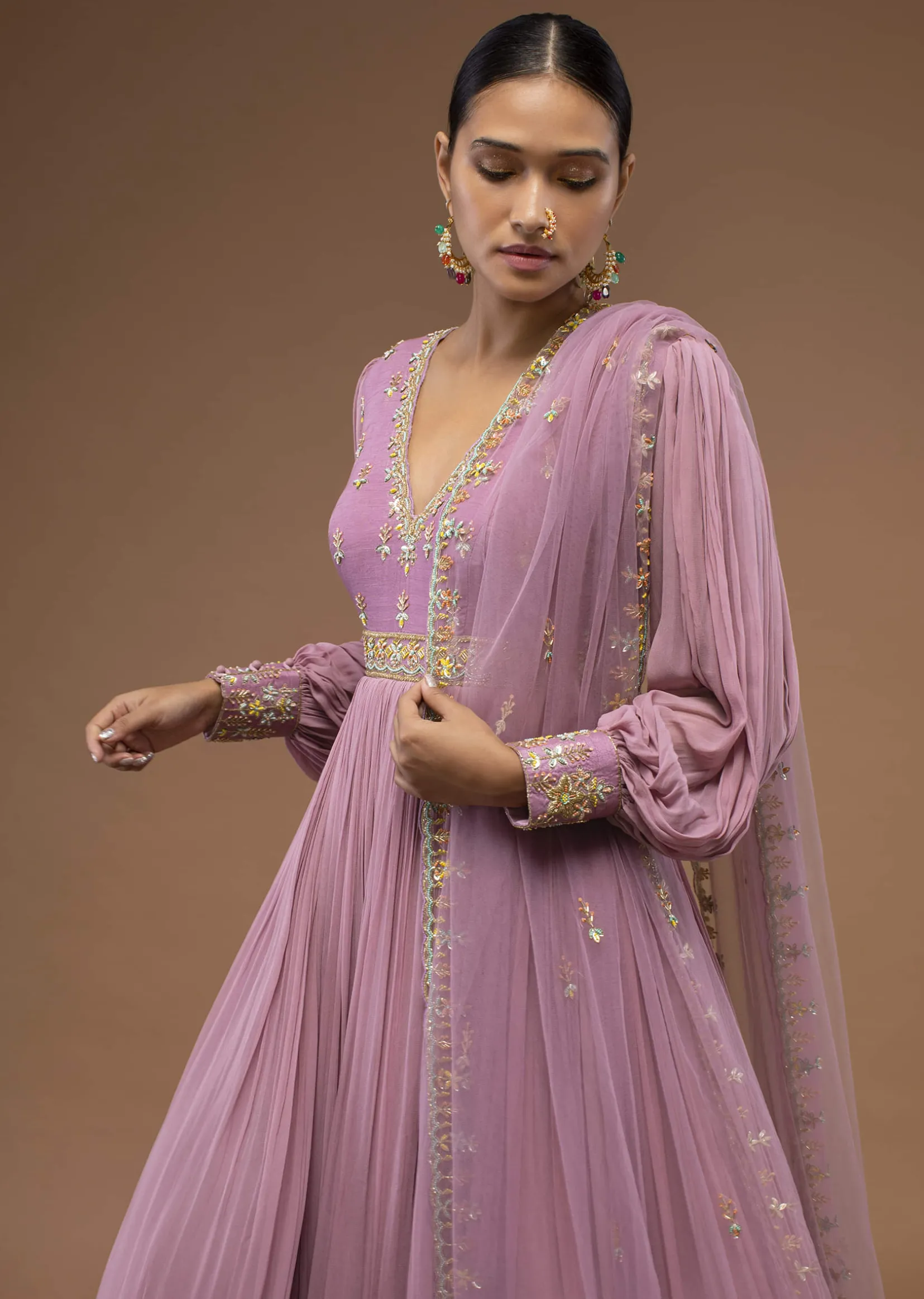 Lilas Pink Floor-Length Suit In Balloon Sleeves, Crafted In Georgette With A Scalloped Neckline And Moti, Cut Dana Embroidery On The Yoke
