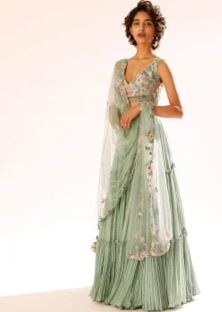 Lily Green Tiered Lehenga With Colorful Resham And Moti Embroidery In Floral Motifs
