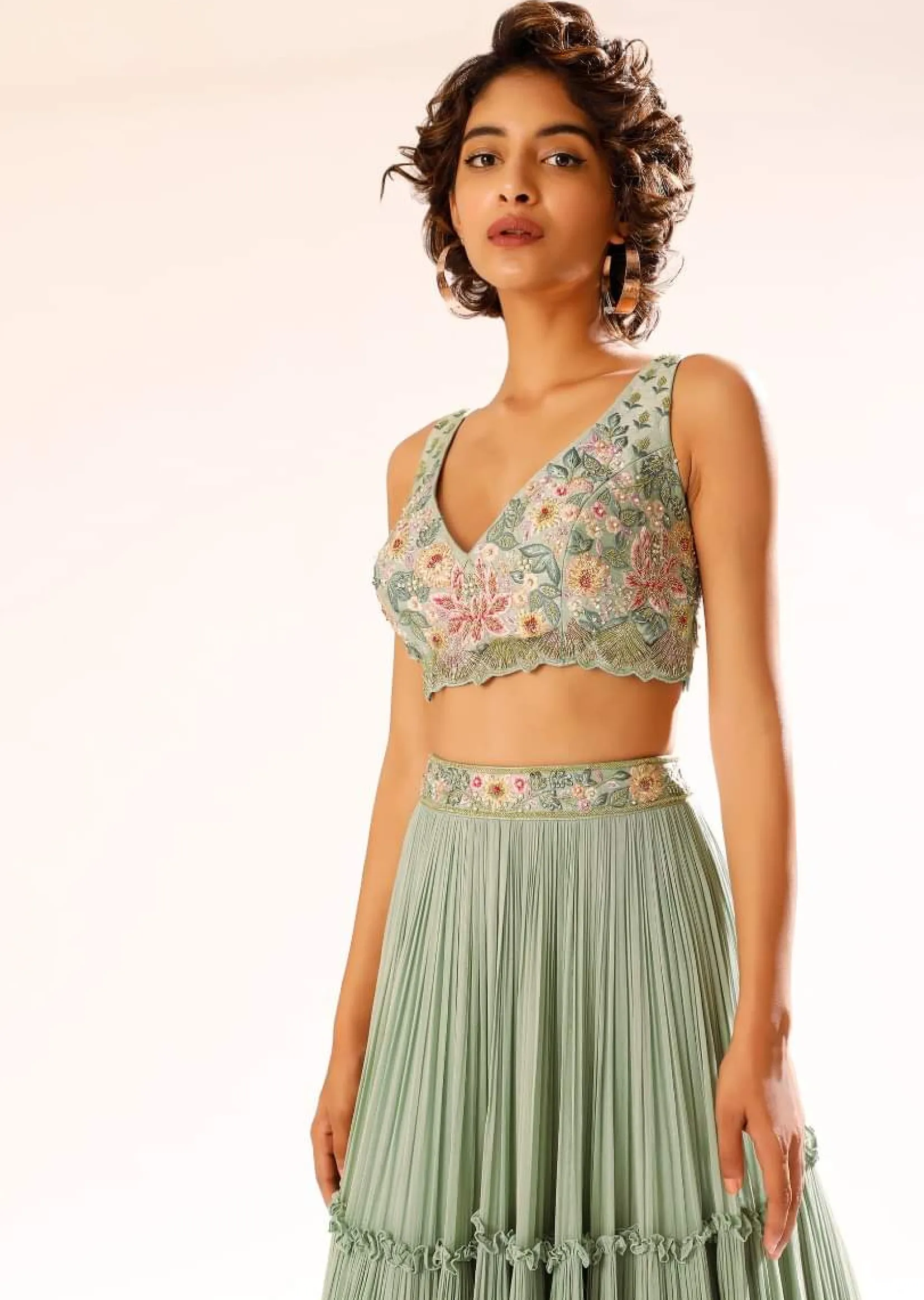 Lily Green Tiered Lehenga With Colorful Resham And Moti Embroidery In Floral Motifs
