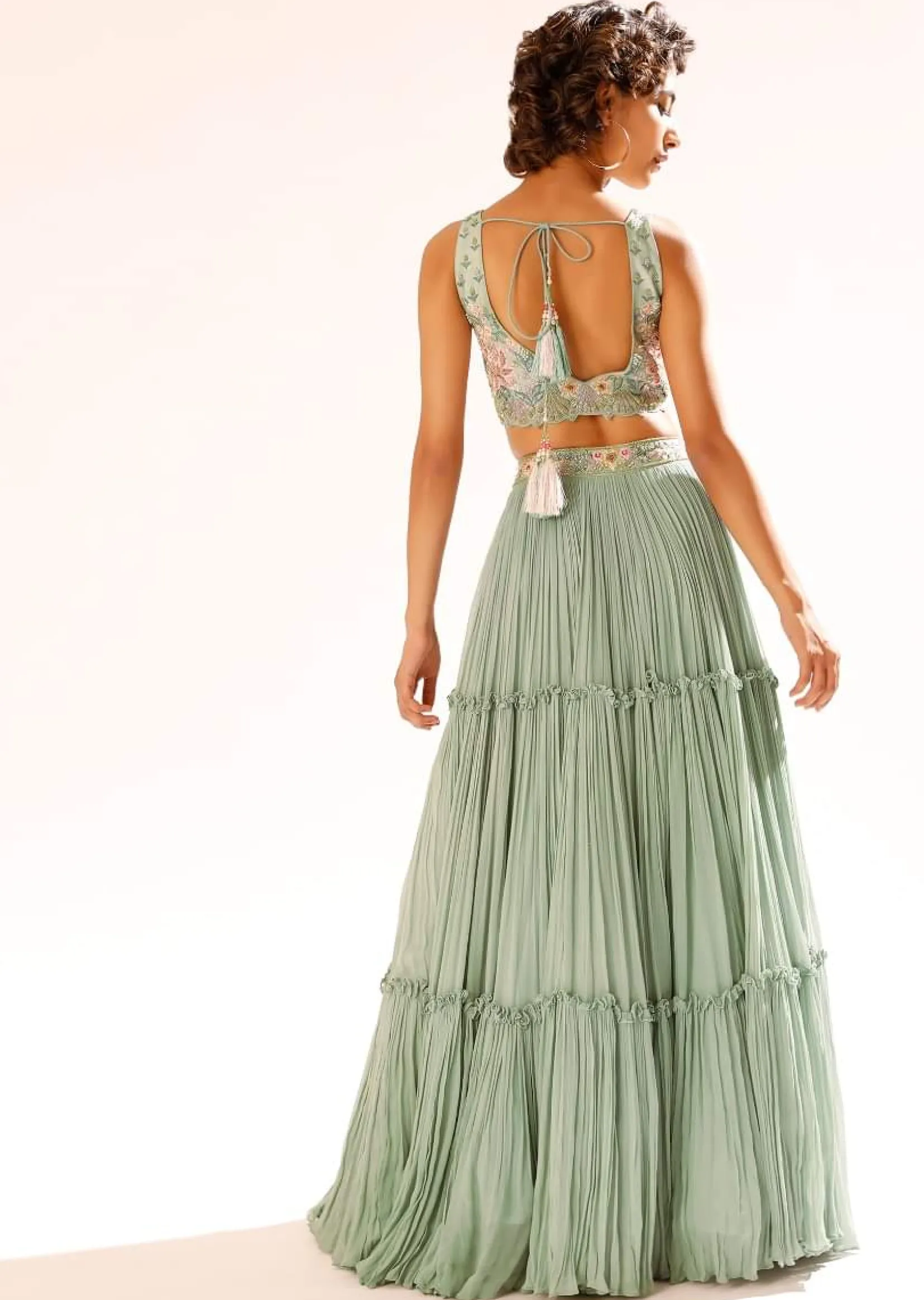 Lily Green Tiered Lehenga With Colorful Resham And Moti Embroidery In Floral Motifs