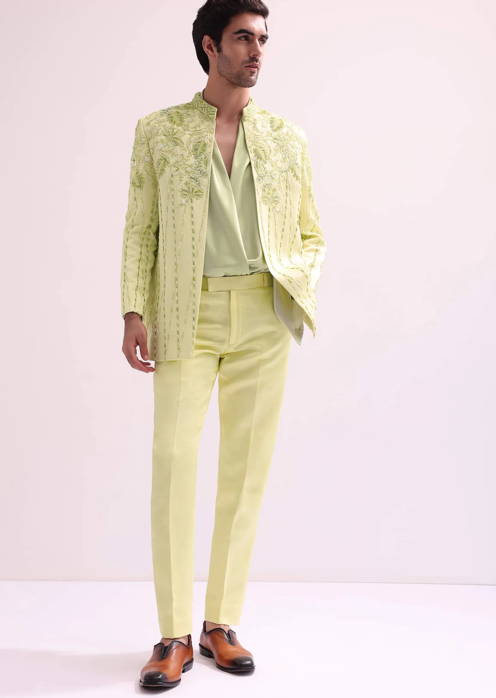 Lime Bandhgala Jacket And Pant Set With Floral Embroidery
