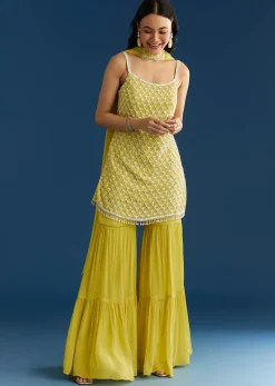 Lime Green Chinon Kurta Sharara Set With Choker Dupatta