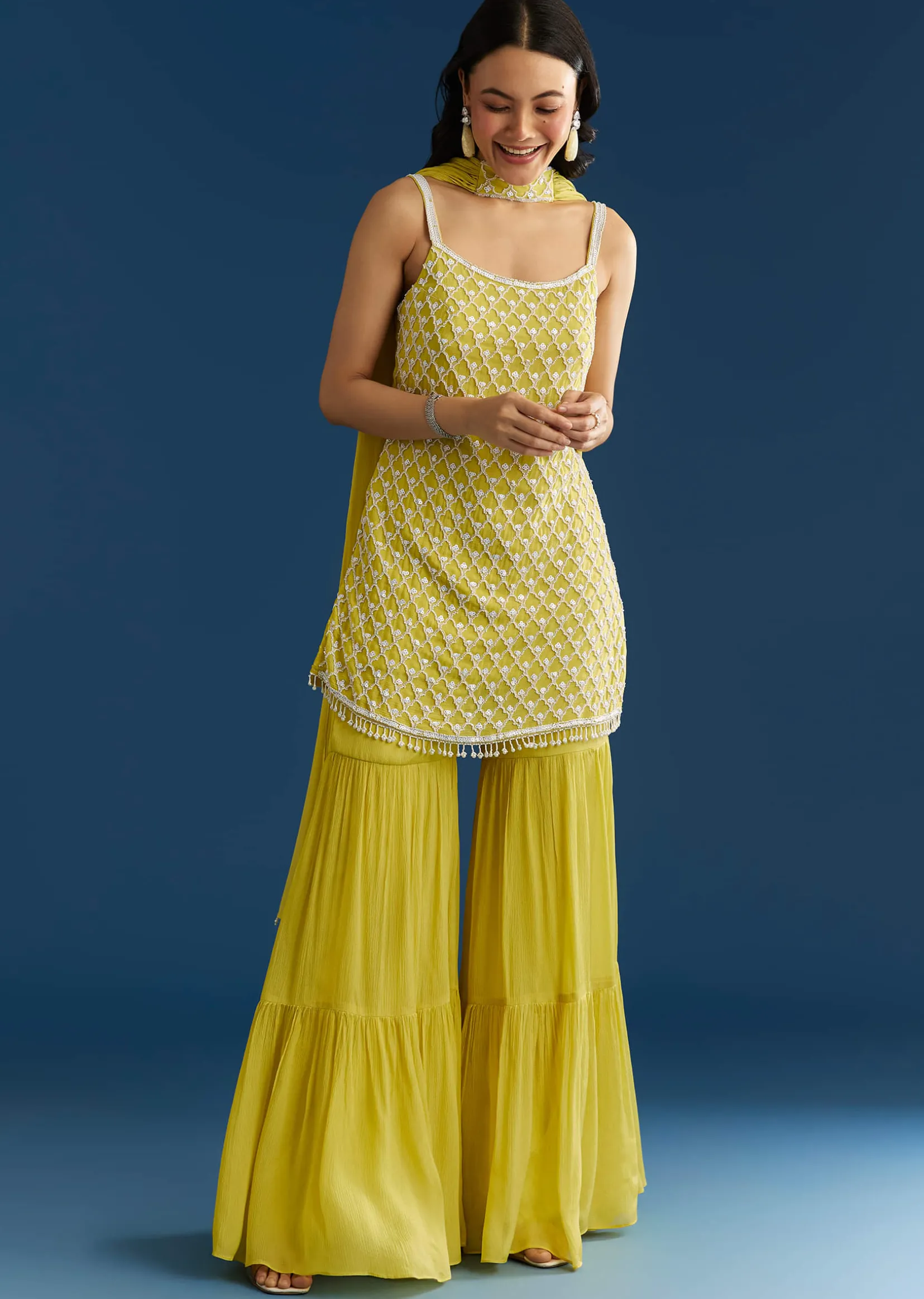 Lime Green Chinon Kurta Sharara Set With Choker Dupatta