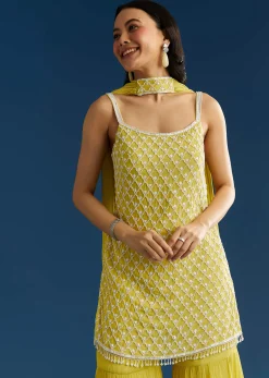 Lime Green Chinon Kurta Sharara Set With Choker Dupatta