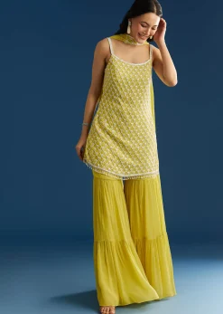 Lime Green Chinon Kurta Sharara Set With Choker Dupatta