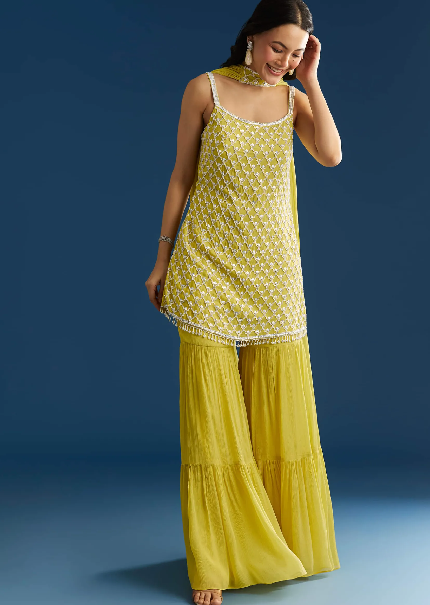 Lime Green Chinon Kurta Sharara Set With Choker Dupatta