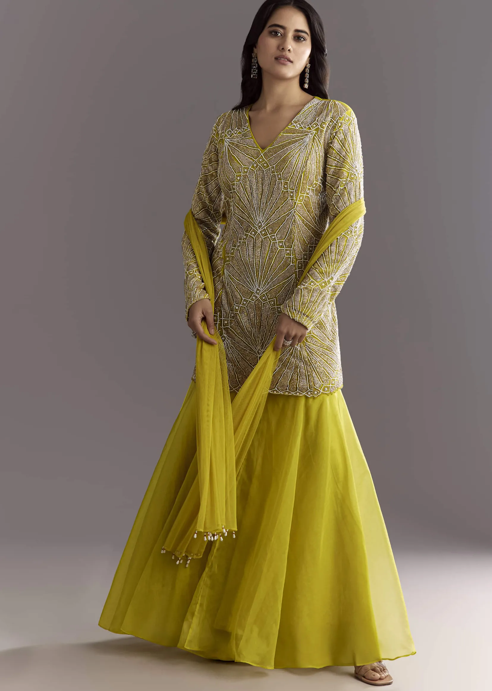 Lime Green Cutdana And Moti Work Kurta With Organza Sharara