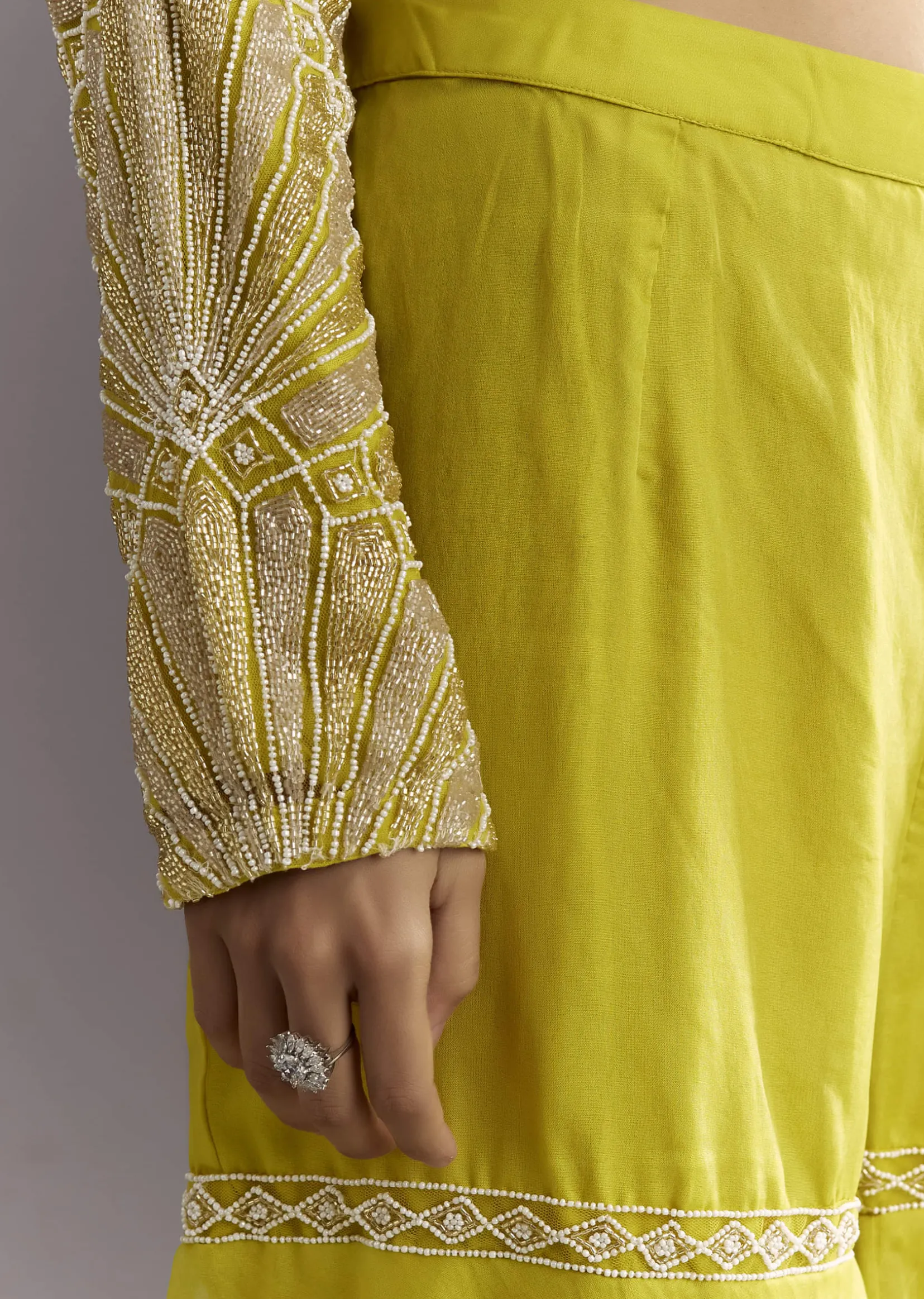 Lime Green Cutdana And Moti Work Kurta With Organza Sharara