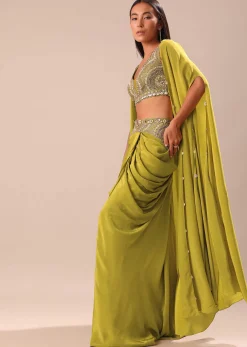 Lime Green Dhoti With Embroidered Blouse And Cape
