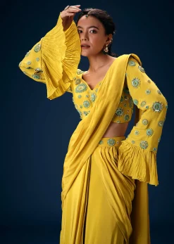 Lime Green Embroidered Blouse With Pre Stitched Saree