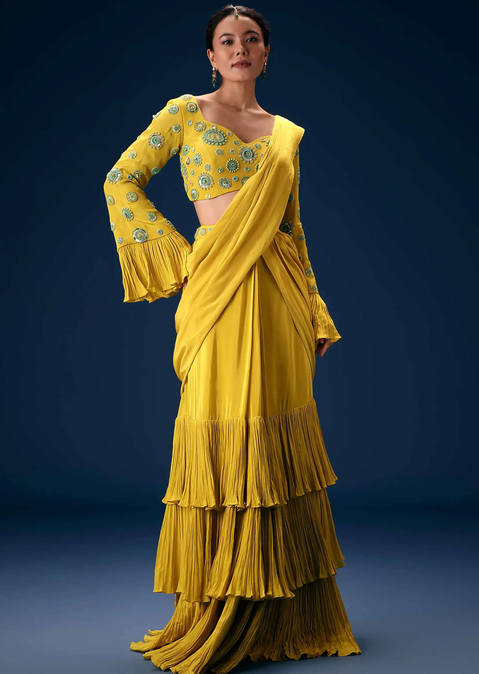 Lime Green Embroidered Blouse With Pre Stitched Saree