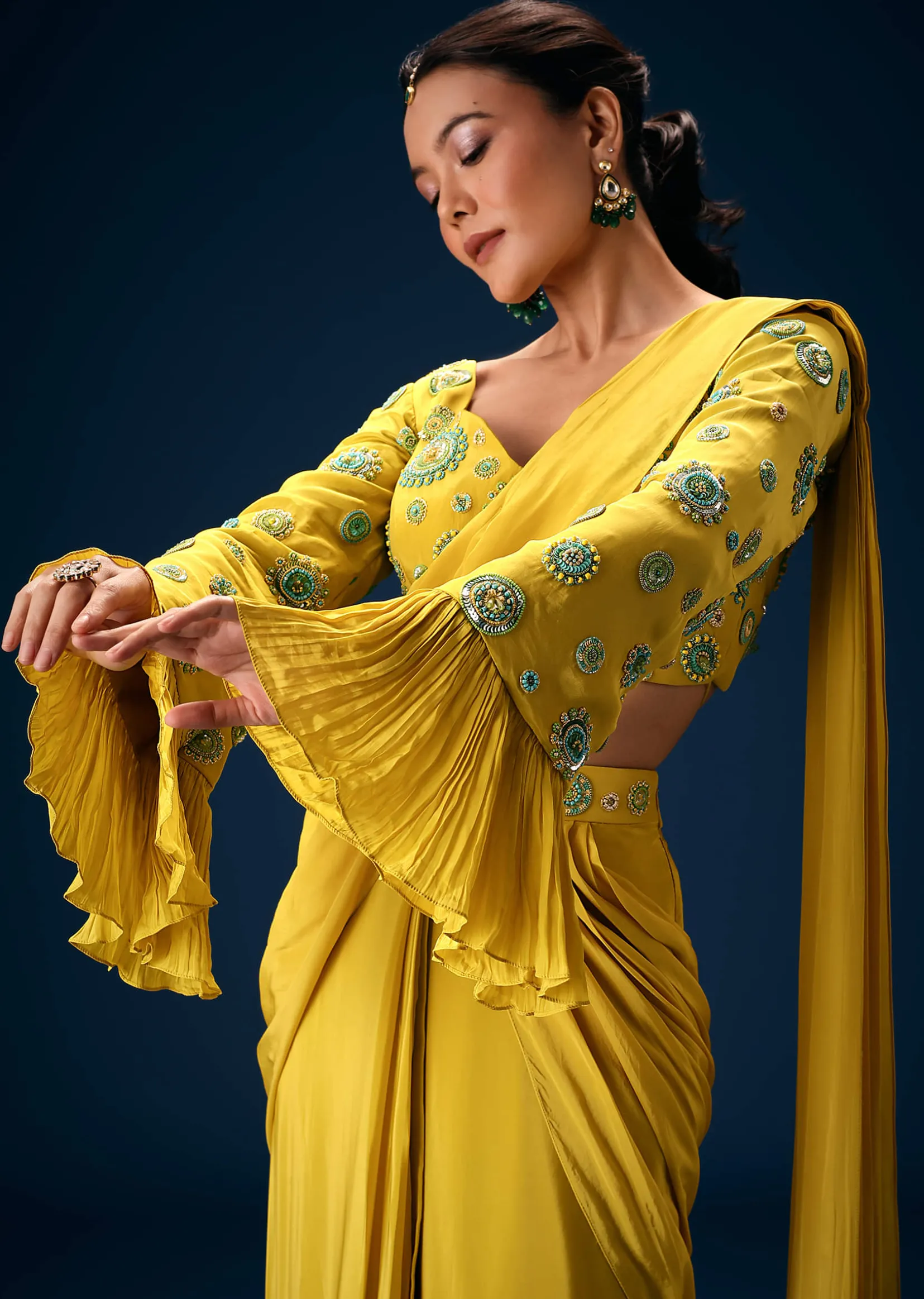 Lime Green Embroidered Blouse With Pre Stitched Saree