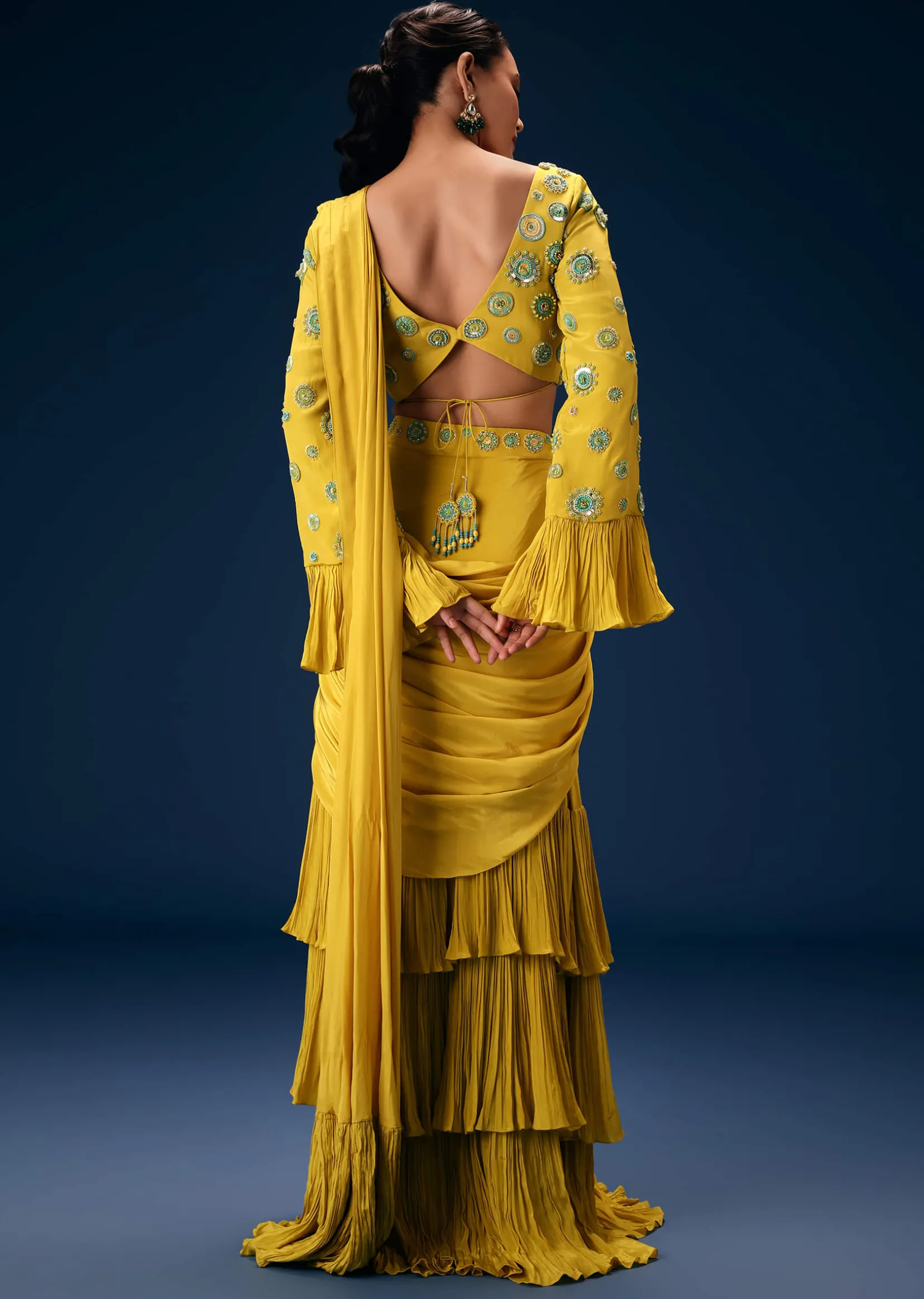 Lime Green Embroidered Blouse With Pre Stitched Saree