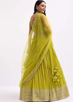 Lime Green Embroidered Georgette Lehenga Choli Set