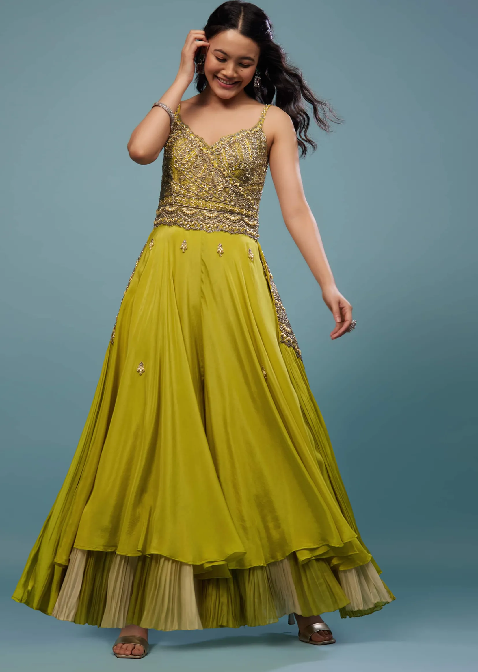 Lime Green Embroidered Jumpsuit In Chinon