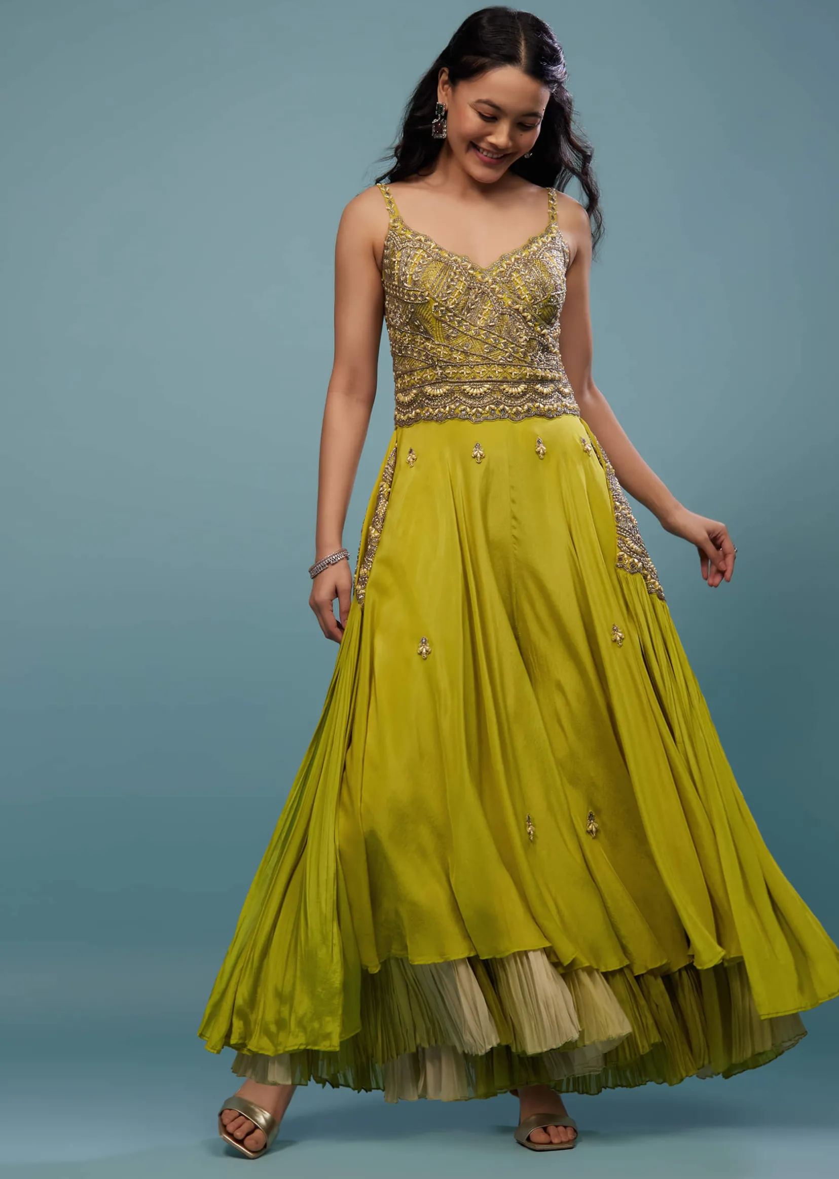 Lime Green Embroidered Jumpsuit In Chinon