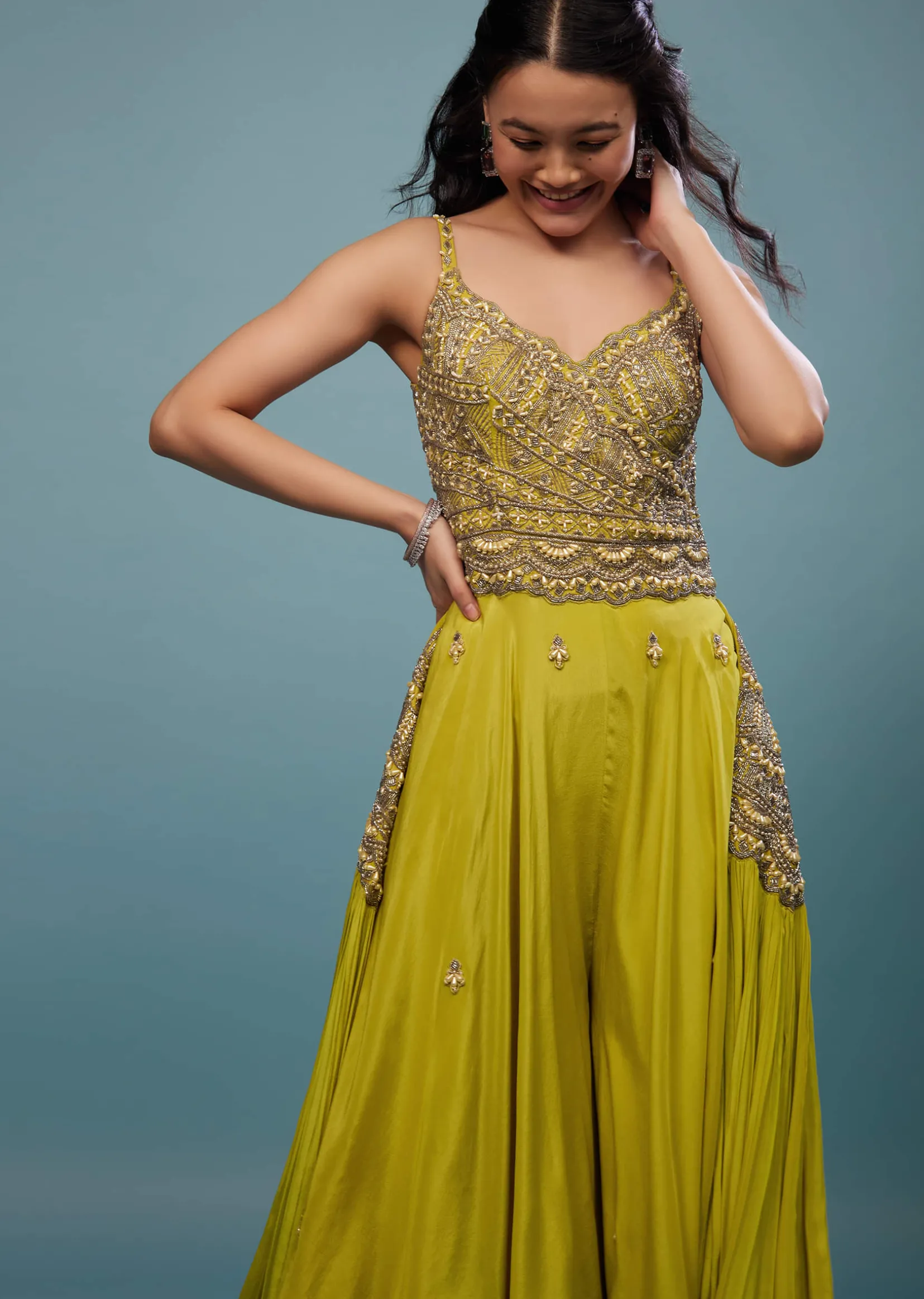 Lime Green Embroidered Jumpsuit In Chinon