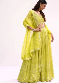 Lime Green Embroidered Net Lehenga Choli Set