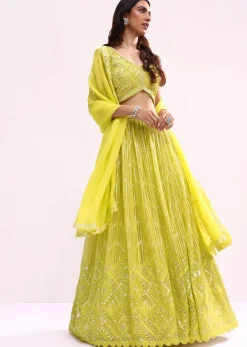 Lime Green Embroidered Net Lehenga Choli Set