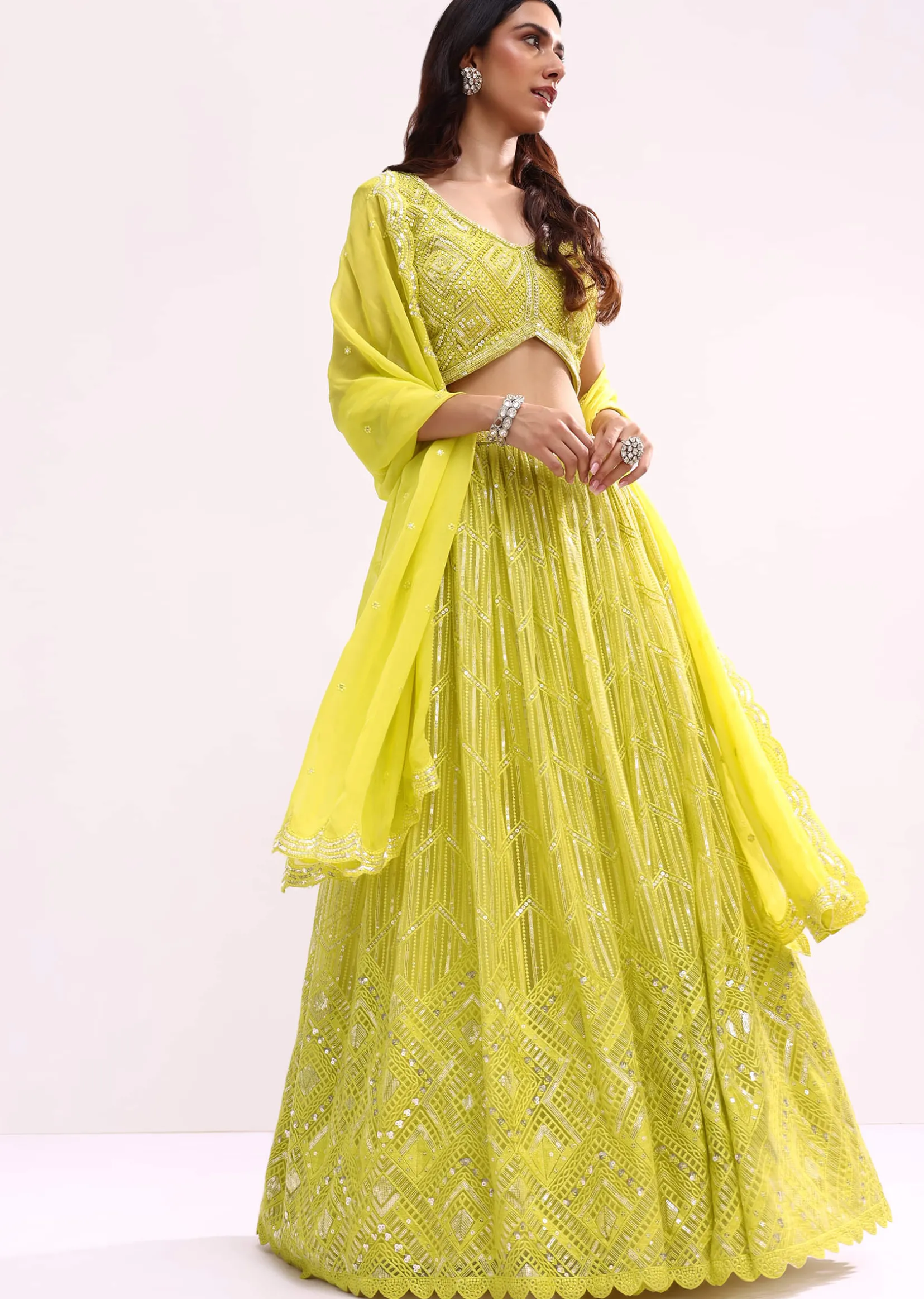 Lime Green Embroidered Net Lehenga Choli Set