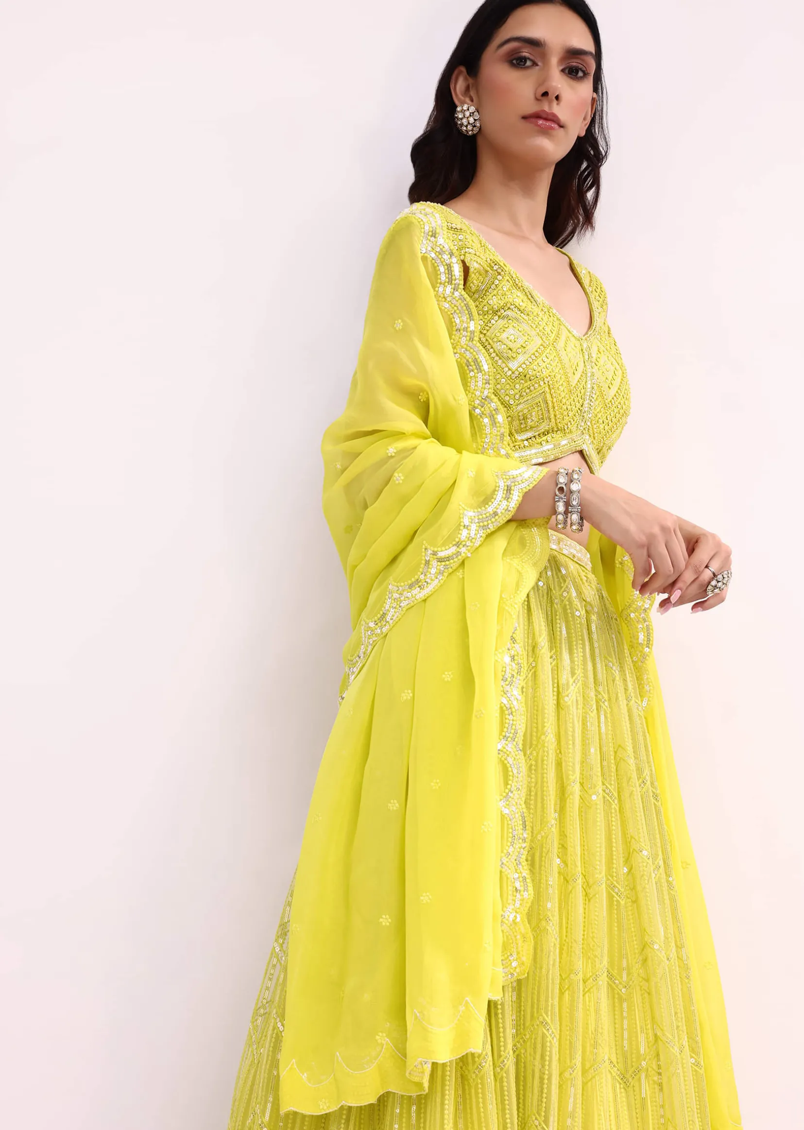 Lime Green Embroidered Net Lehenga Choli Set