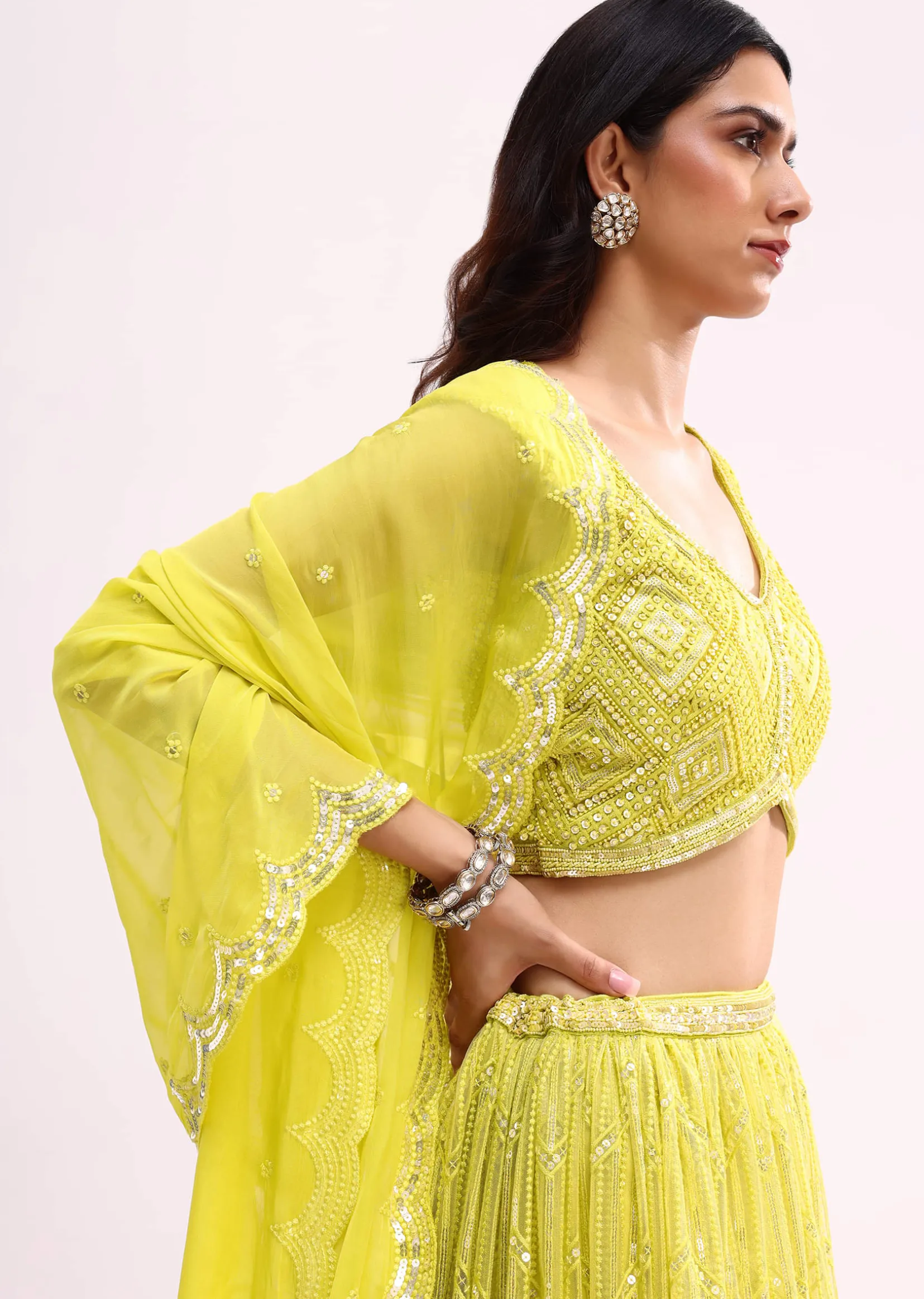 Lime Green Embroidered Net Lehenga Choli Set