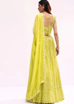 Lime Green Embroidered Net Lehenga Choli Set