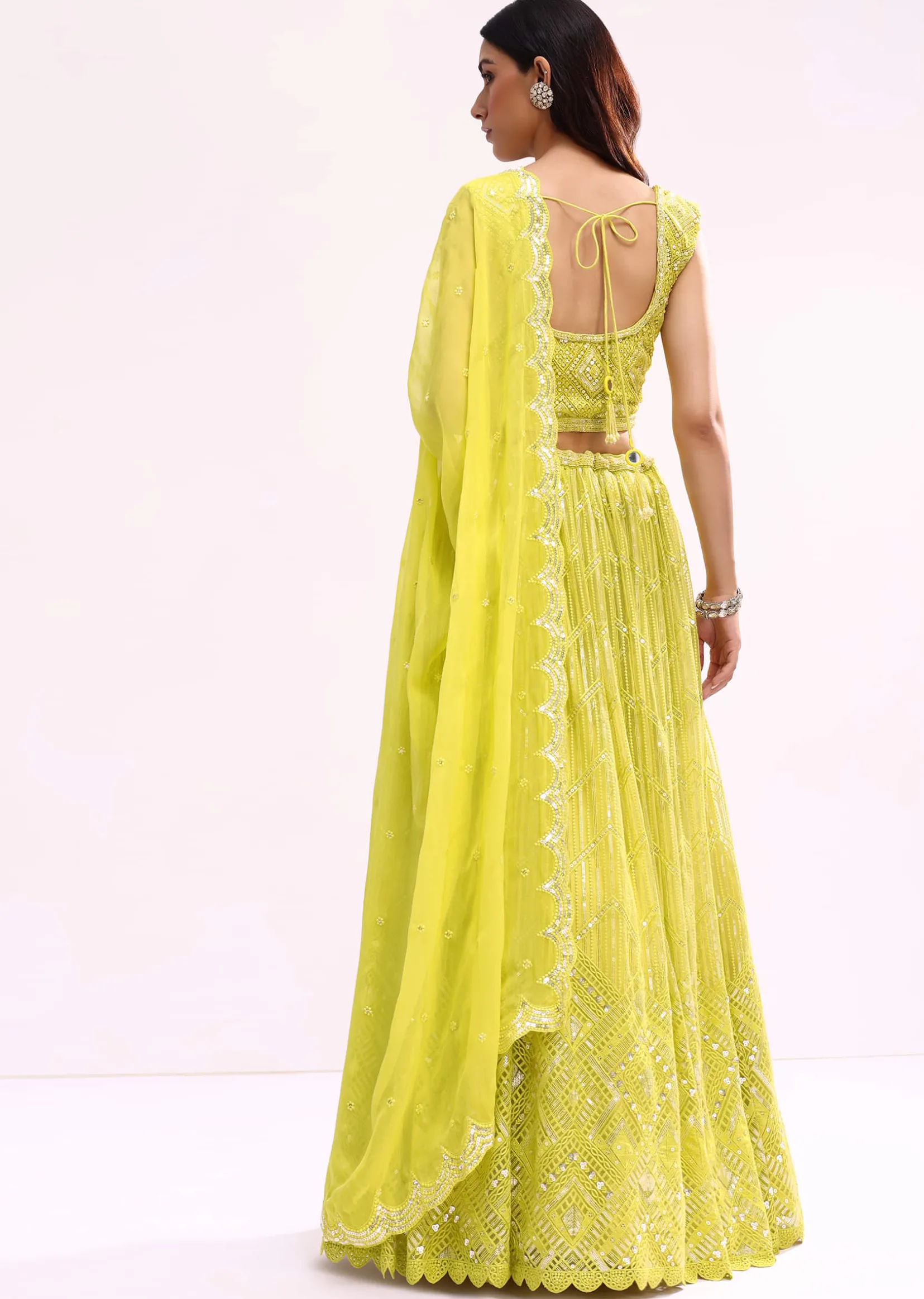 Lime Green Embroidered Net Lehenga Choli Set