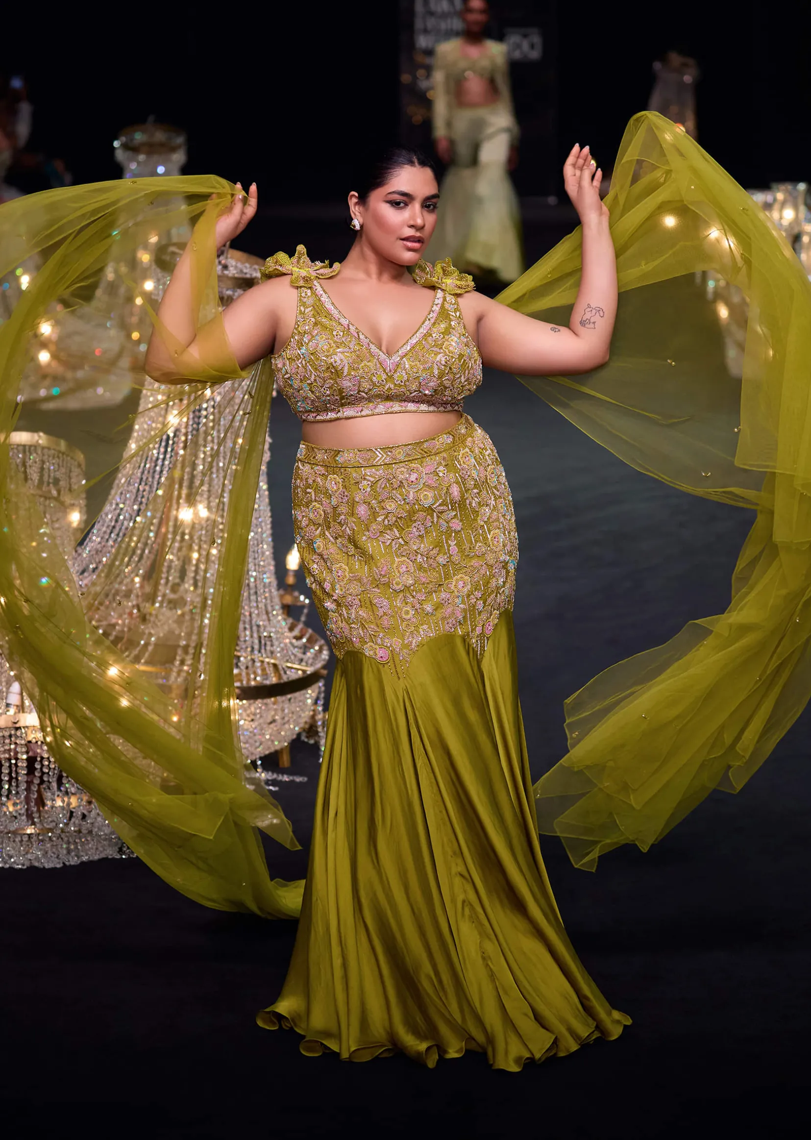 Lime Green Hand Embroidered Fishcut Lehenga Set With Winged Dupatta