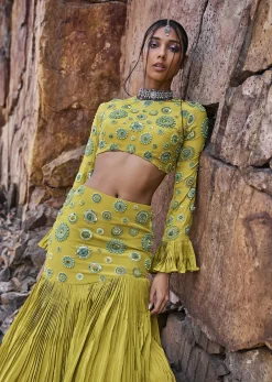 Lime Green High Neck Blouse With Pleated Skirt