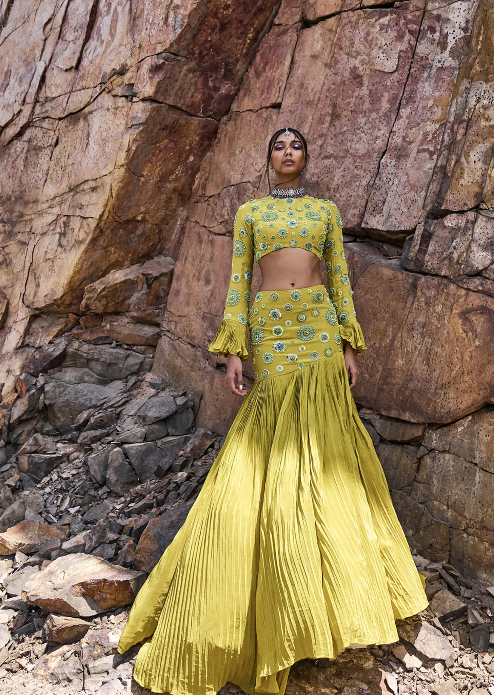 Lime Green High Neck Blouse With Pleated Skirt