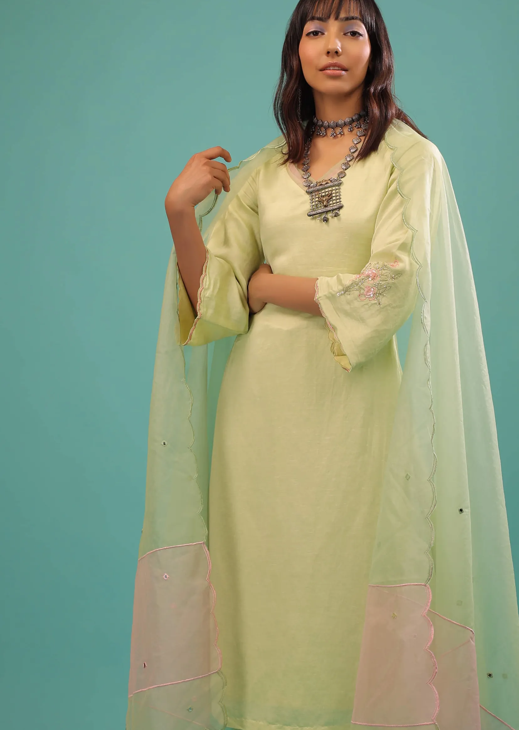 Lime Green Linen Satin Straight Cut Palazzo Suit With Floral Embroidery On The Sleeves