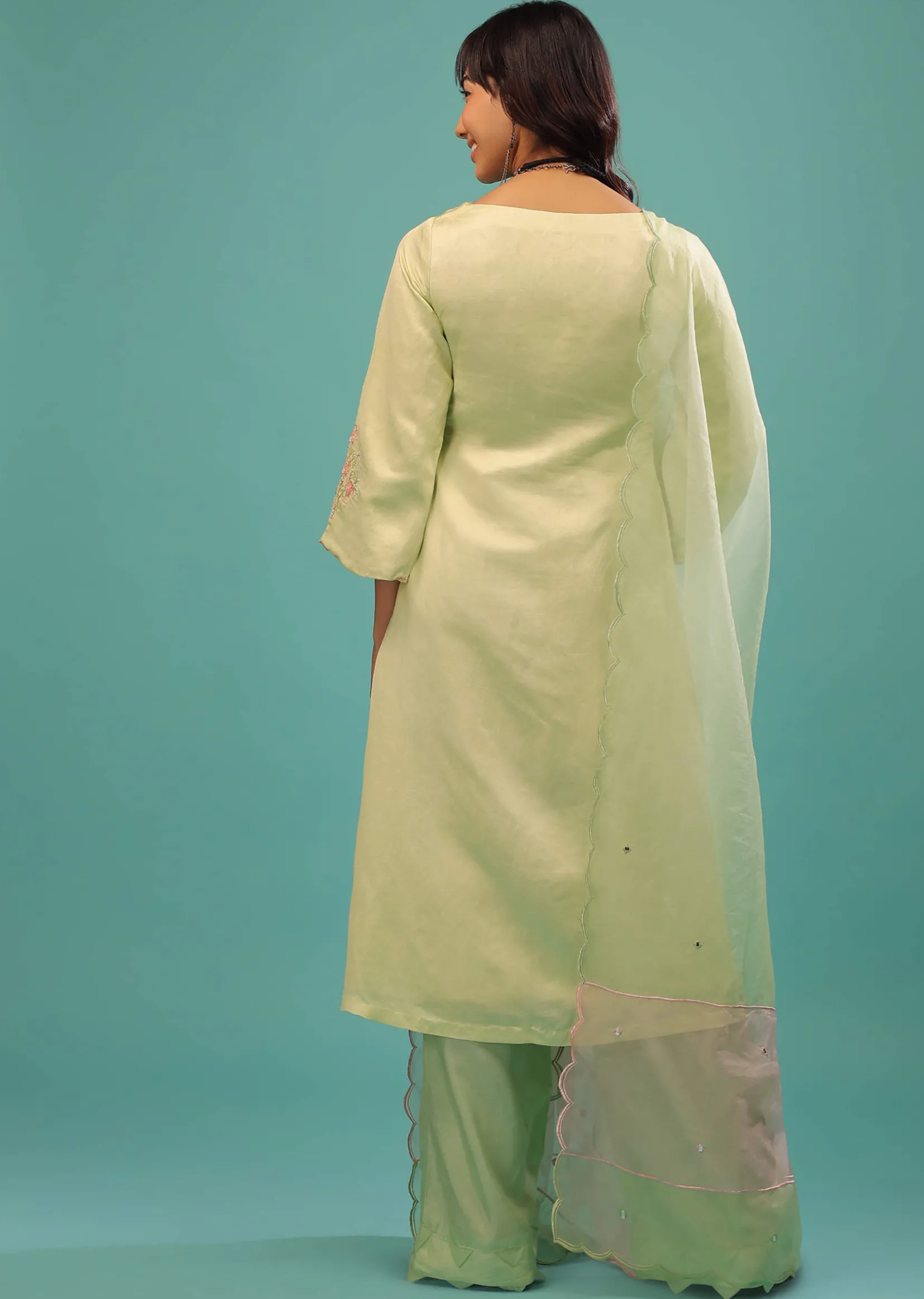Lime Green Linen Satin Straight Cut Palazzo Suit With Floral Embroidery On The Sleeves