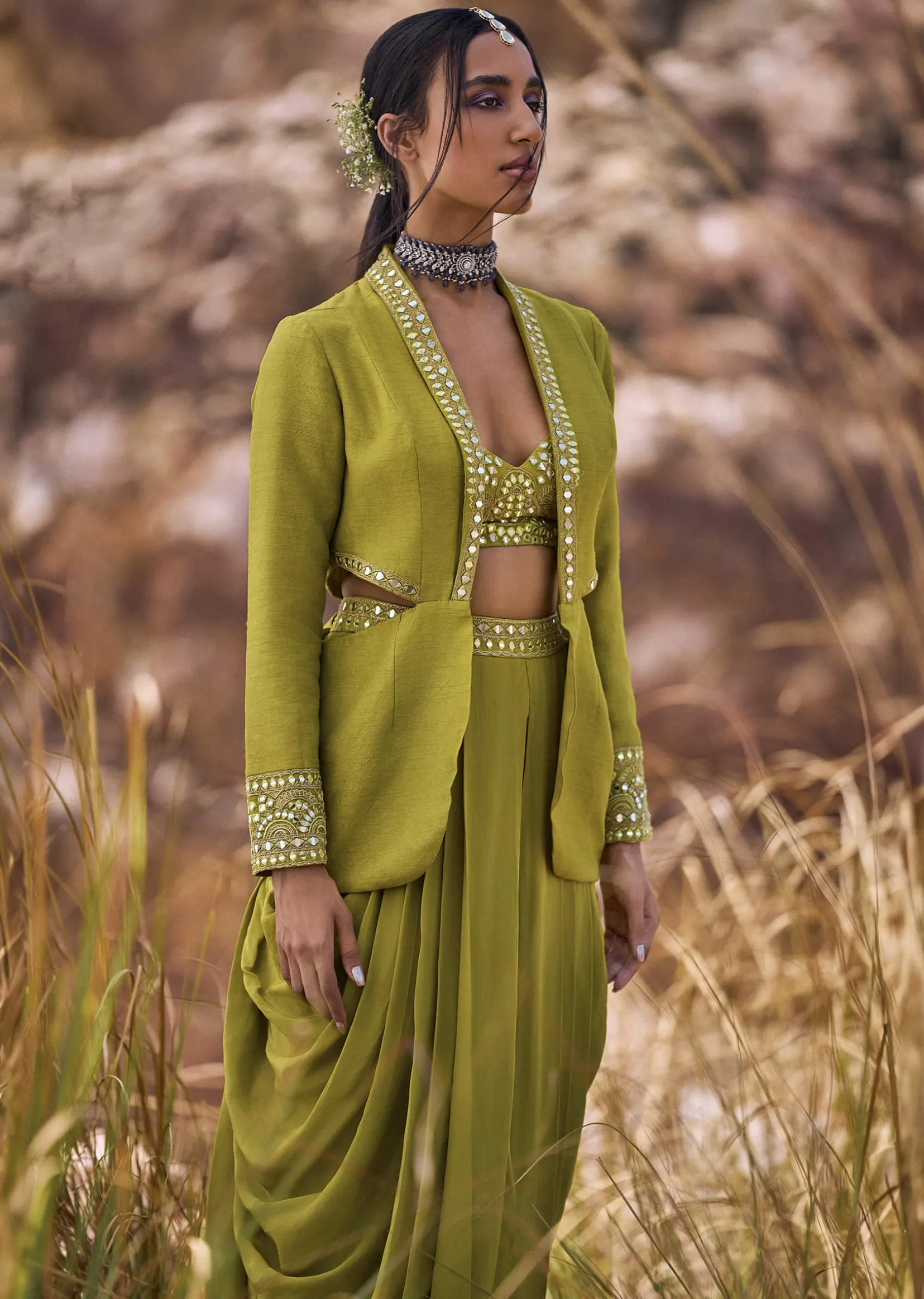 Lime Green Mirror Bustier With Jacket And Draped Skirt